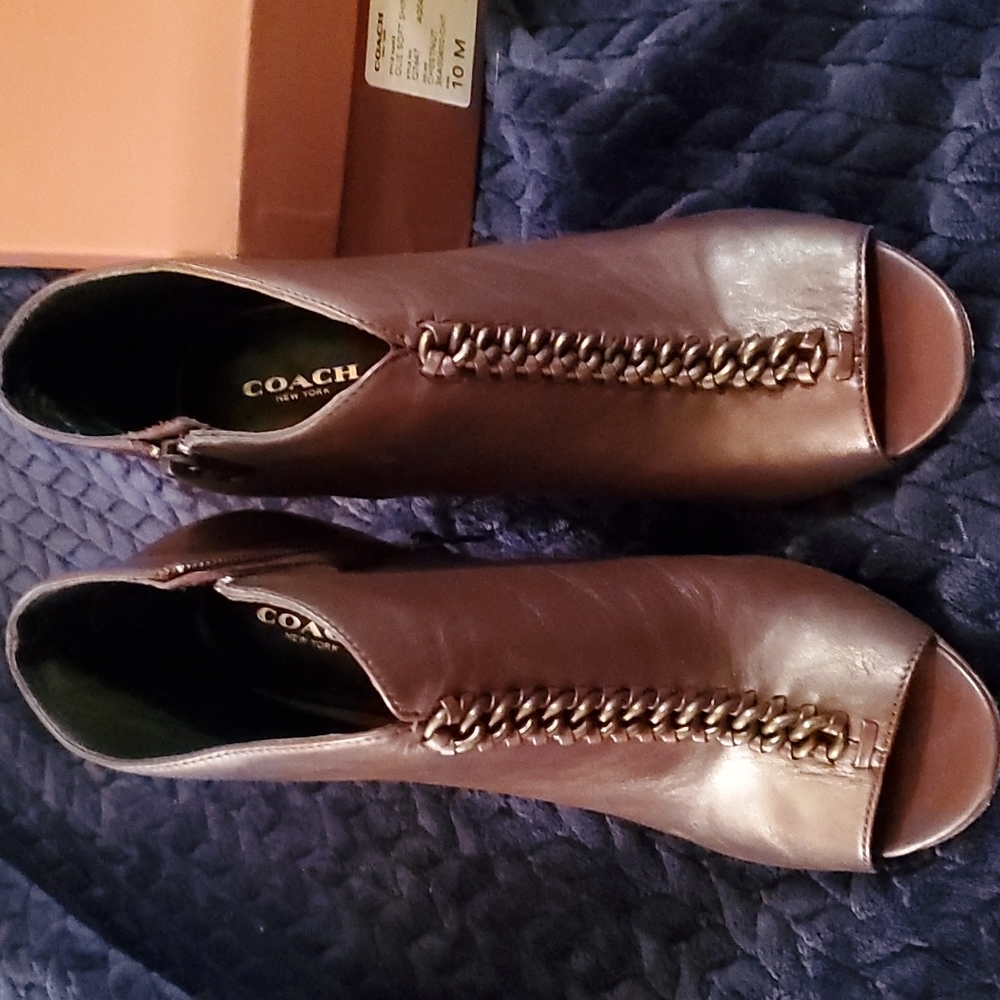 Coach, Stiletto Peep Toe Leather Booties, Size 10B, Chestnut